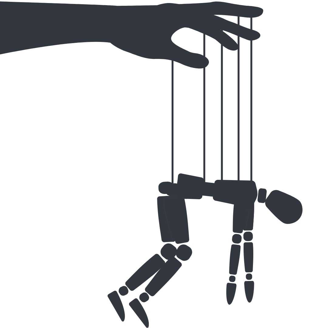 Black and white image of hand holding strings of dejected puppet